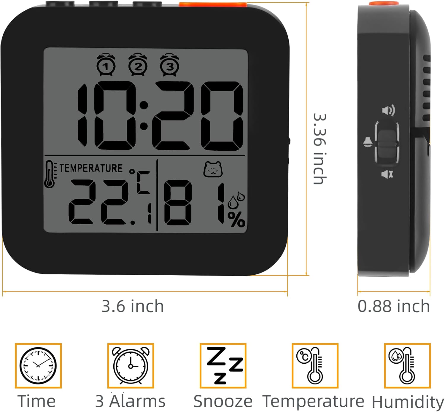 Digital Alarm Clock with 3 Bells and Temperature Display