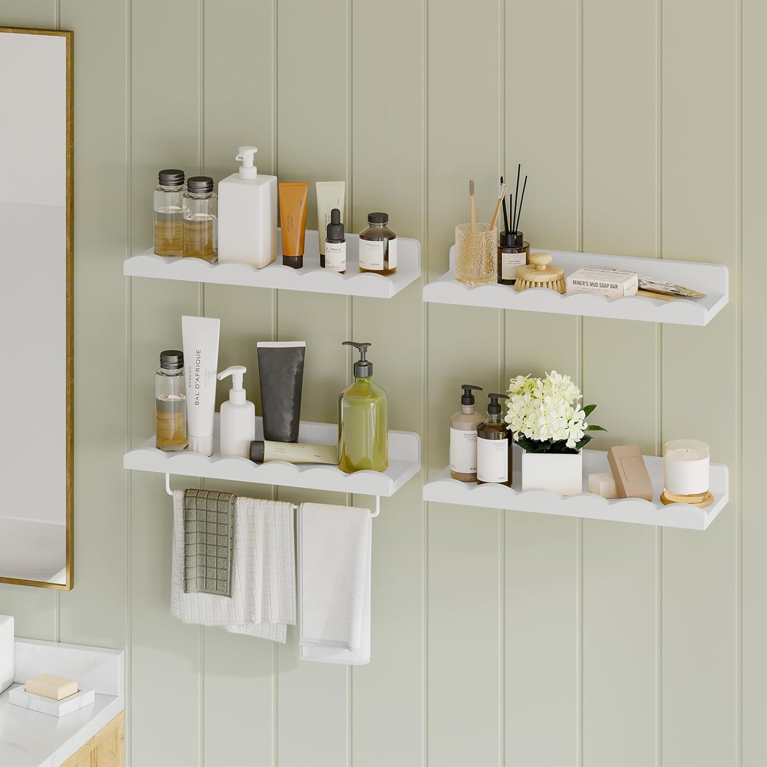 Fixwal Floating Bookshelves Set of 4 with Towel Rack White