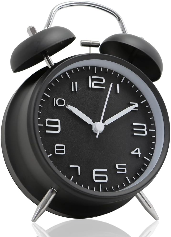 Betus Non-Ticking Twin Bell Alarm Clock with Backlight - Midnight Black
