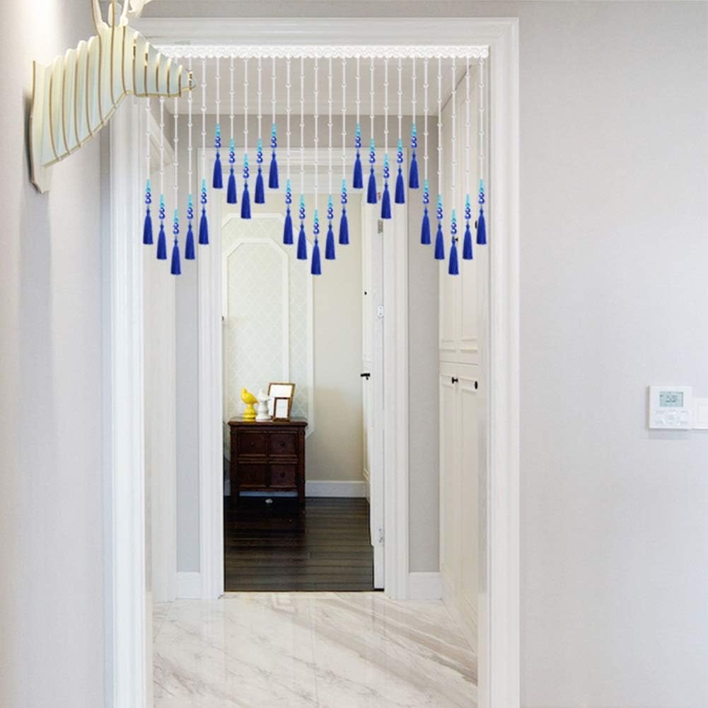 OKUOKA 25 Strands Beaded Door Curtain Blue Tassel Crystal Partition