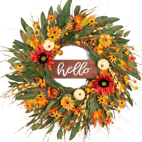 24 Inch Artificial Autumn Wreath with Hello Sign