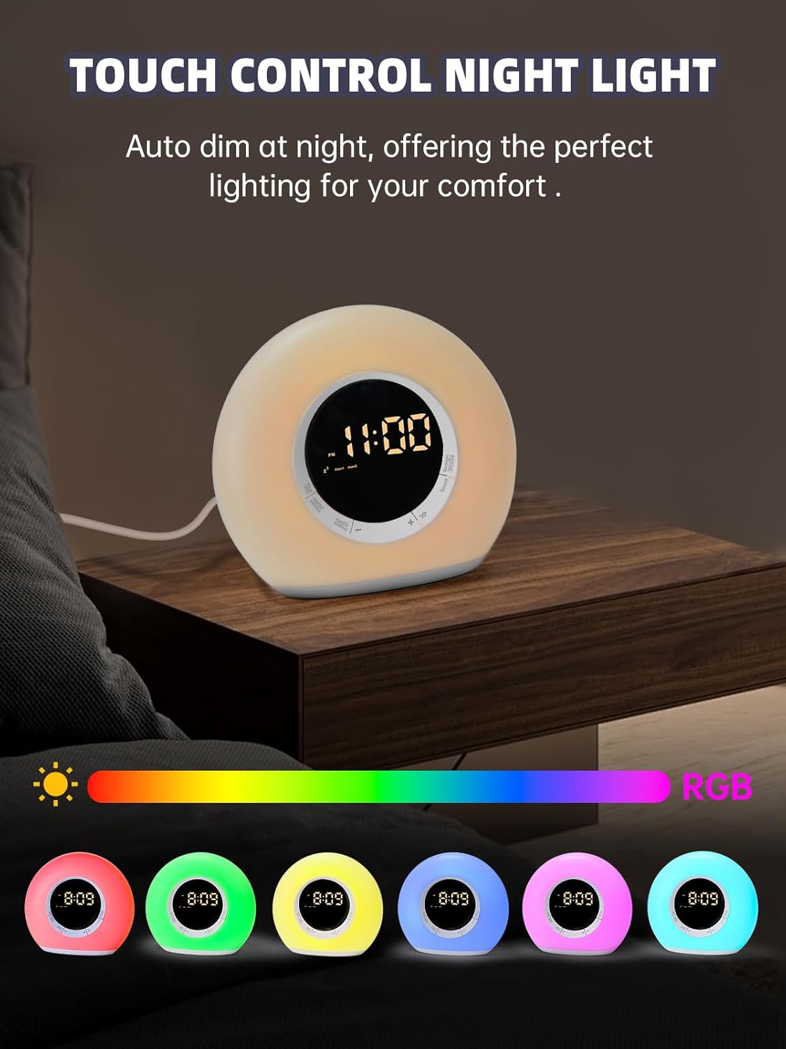 ICODE Alarm Clock with Dimmable Night Light and 10 White Noise Sounds