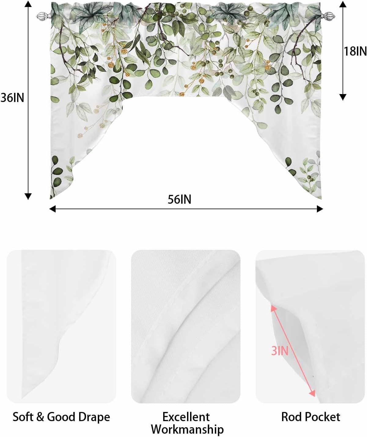 Sage Green Eucalyptus Leaves Valance for Kitchen Window
