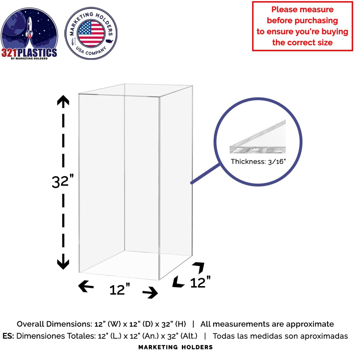 Clear Acrylic Display Cube Pedestal 12x12x32 Inch