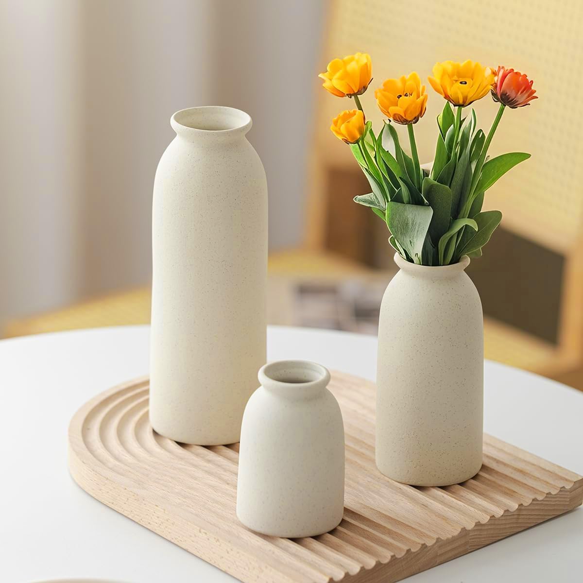 Tinctotnic Ceramic Vase Set 3 - Distressed Beige Boho Style