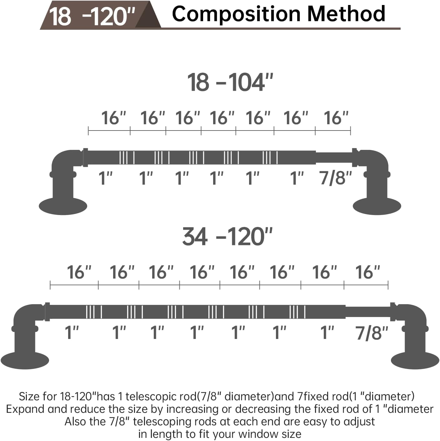 Industrial Curtain Rods 18-120 Inch Adjustable Blackout Rod with Wrap Around Design