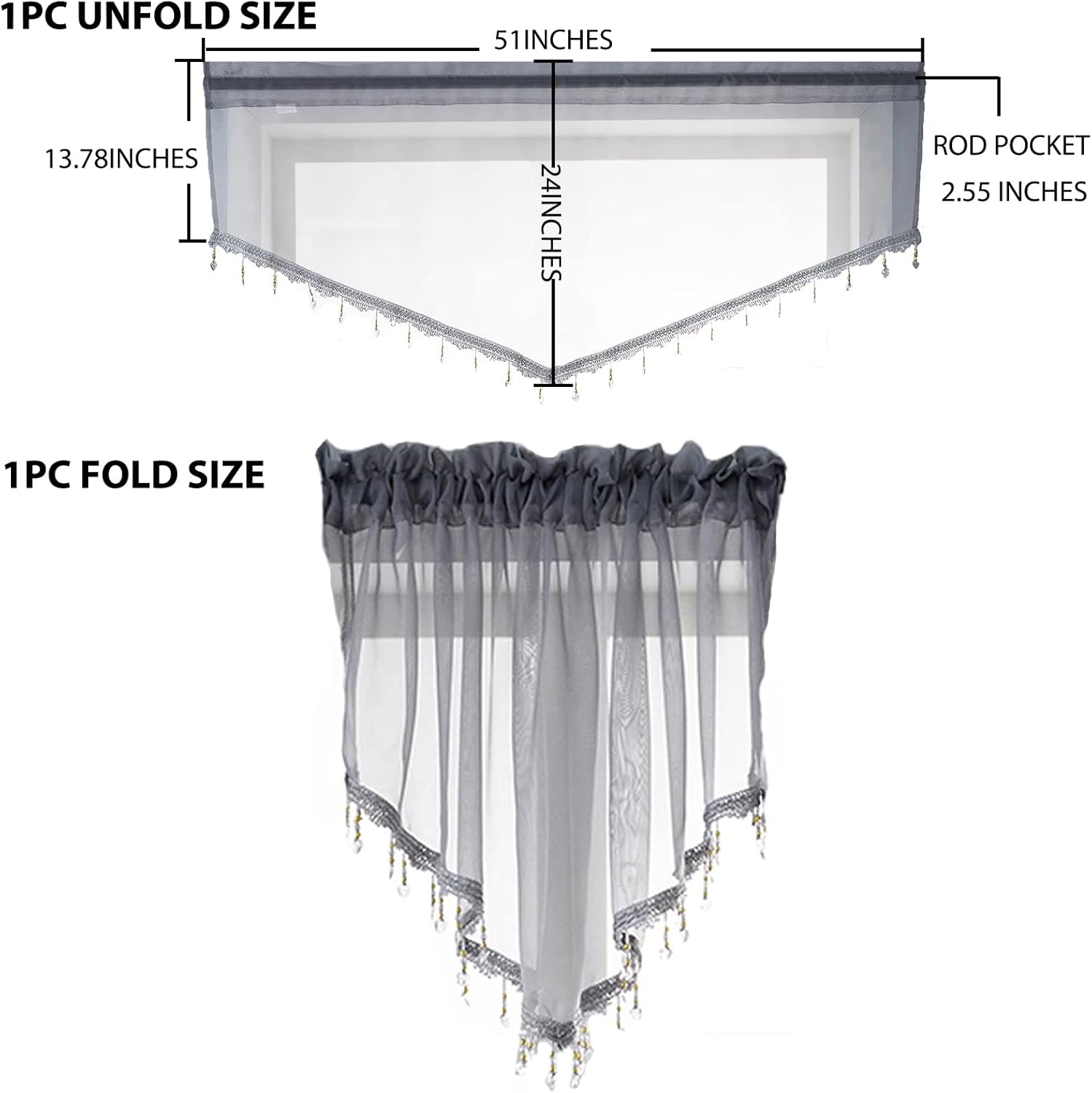 Beaded Sheer Curtain Valance for Bedroom Living Room 51x24 Inches Grey 1PC