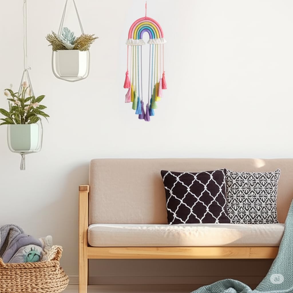 Honcas Rainbow Macrame Wall Hanging - Pink Tassel Decor