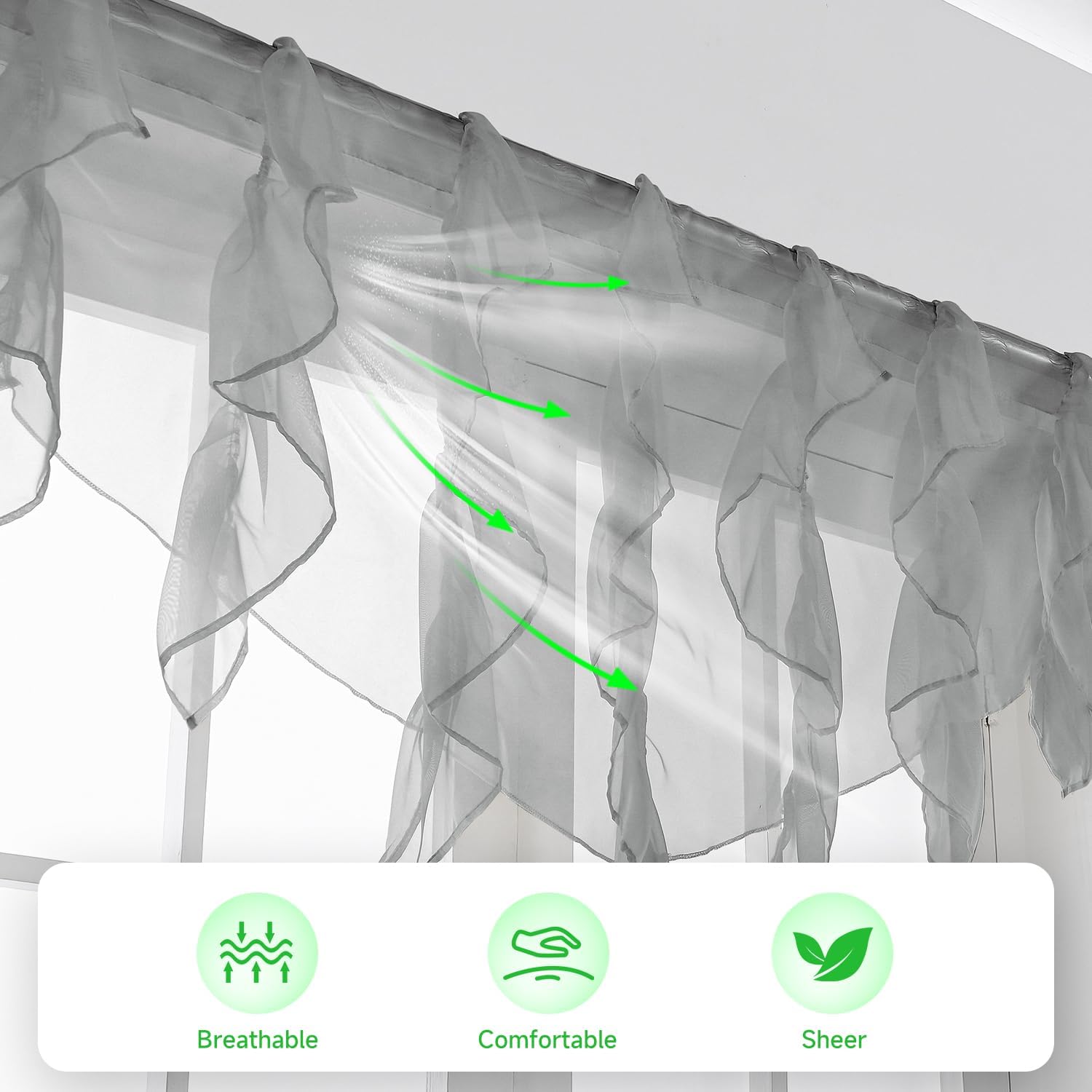PearAge Ruffled Voile Semi Sheer Curtain Valance 52x26 Inches White-Triangle