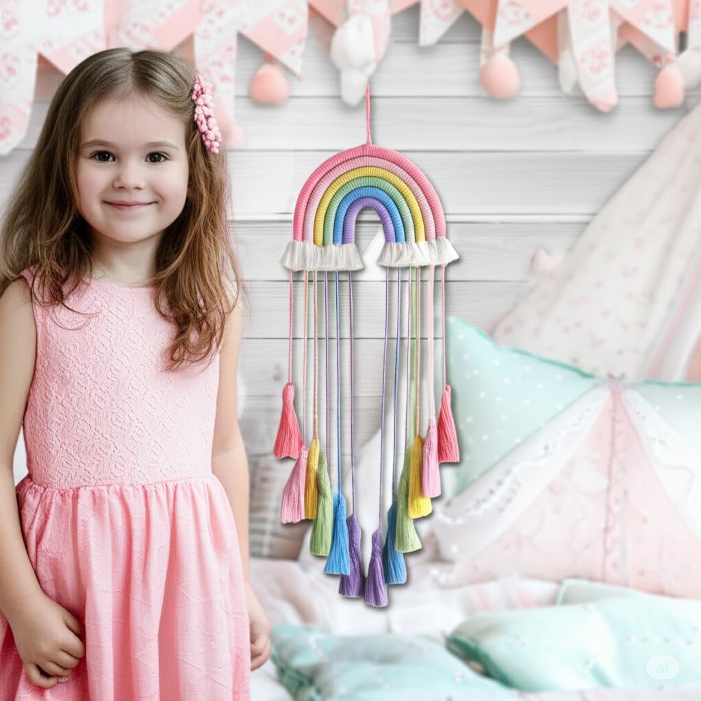 Honcas Rainbow Macrame Wall Hanging - Pink Tassel Decor