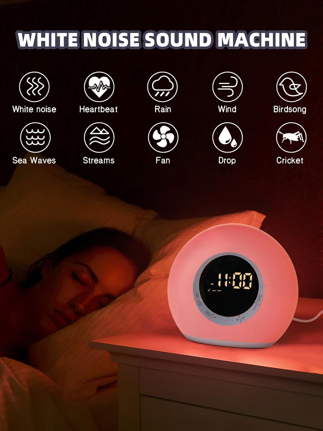 ICODE Alarm Clock with Dimmable Night Light and 10 White Noise Sounds