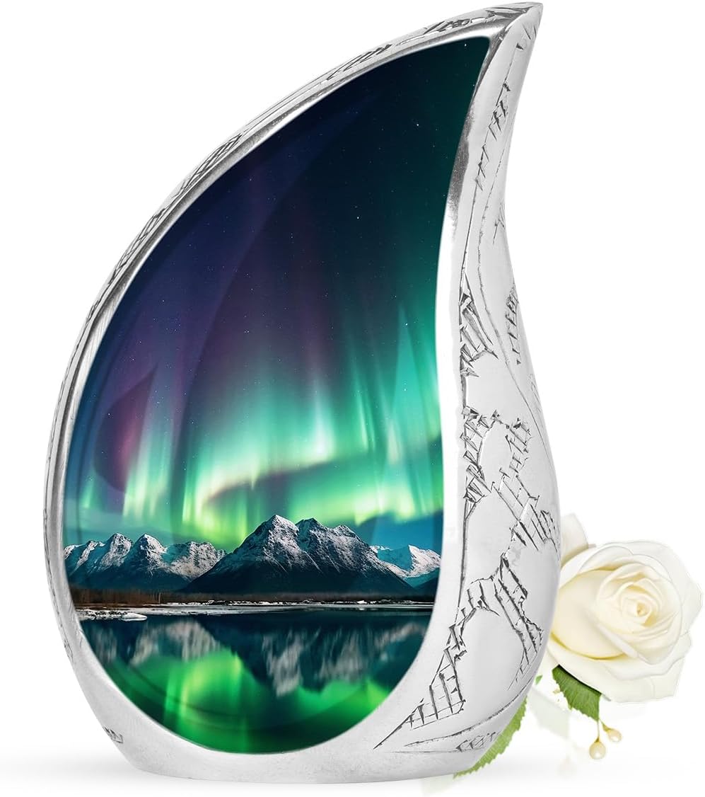 Aluminum Adult Urn - Aurora Borealis Pattern - Green Purple - 3 Inch