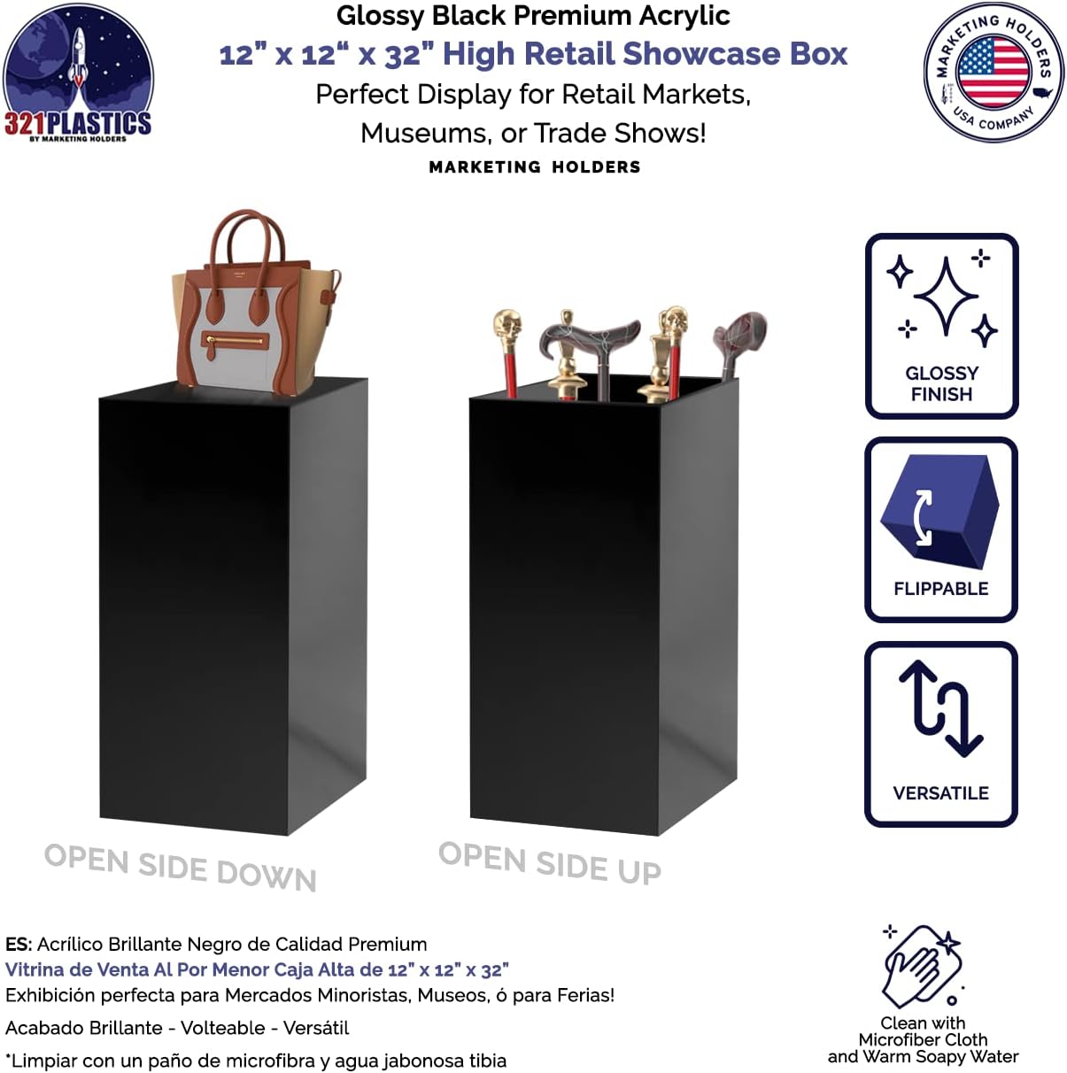 One Piece Acrylic Display Stand Glossy Black 12x12x32