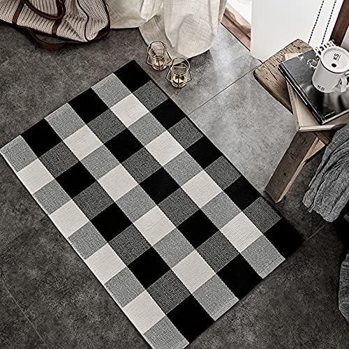 SEEKSEE Cotton Buffalo Plaid Rug 2x3 Black White Checked Mat