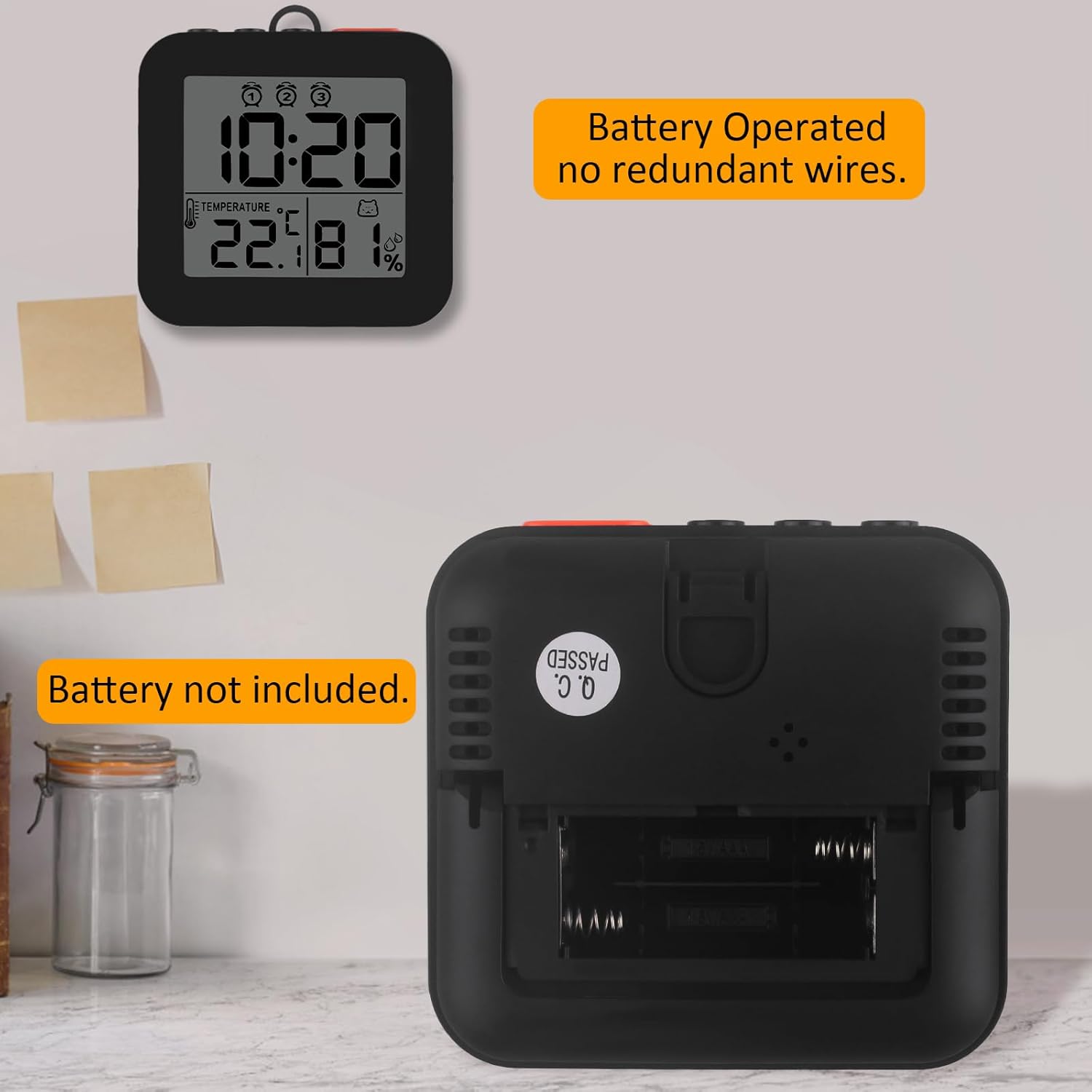 WinFong Small Digital Alarm Clock with 3 Bells and Temperature Humidity