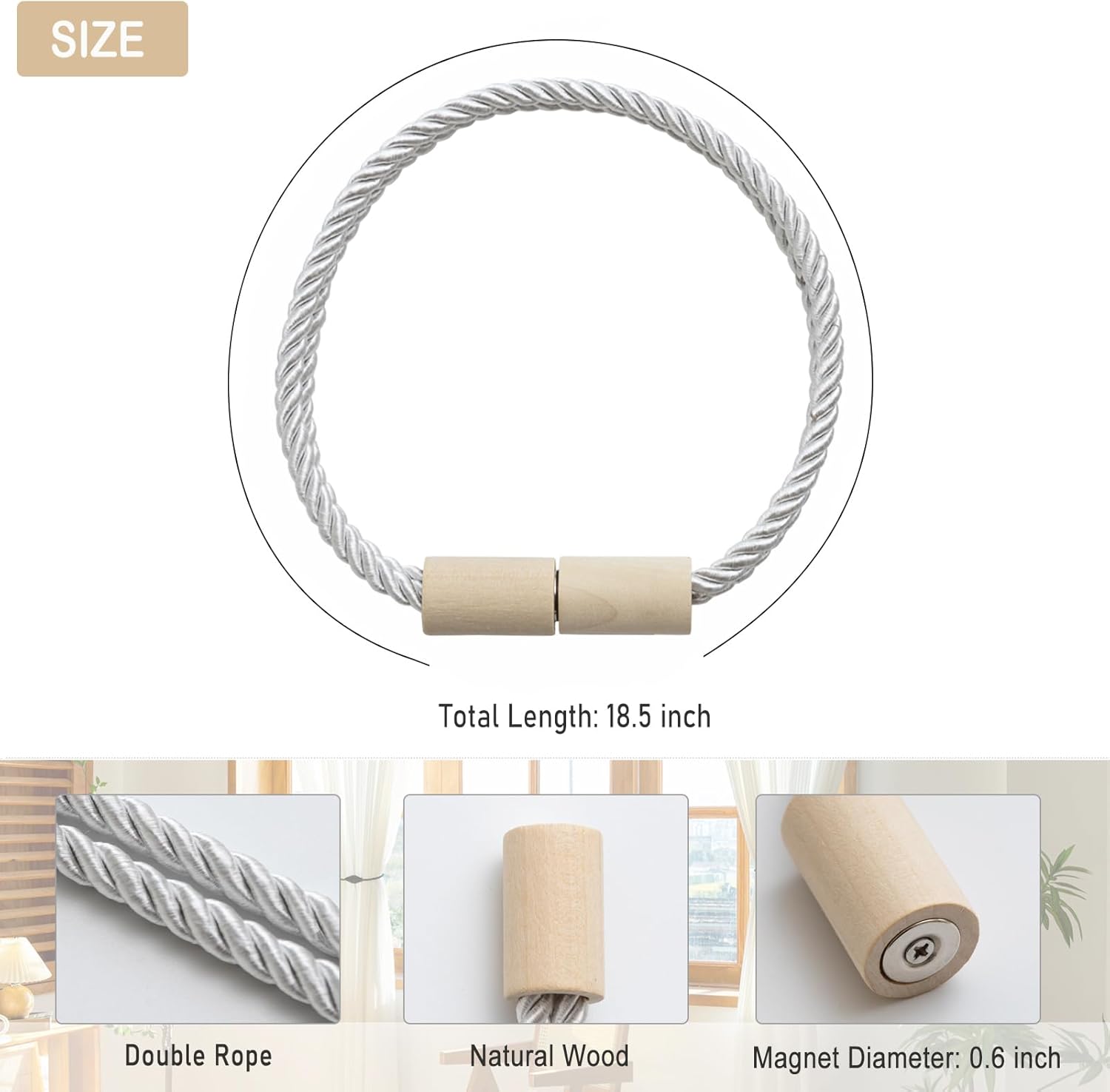 Contoeey Wooden Curtain Tiebacks 2 Pack Magnetic Boho Holders