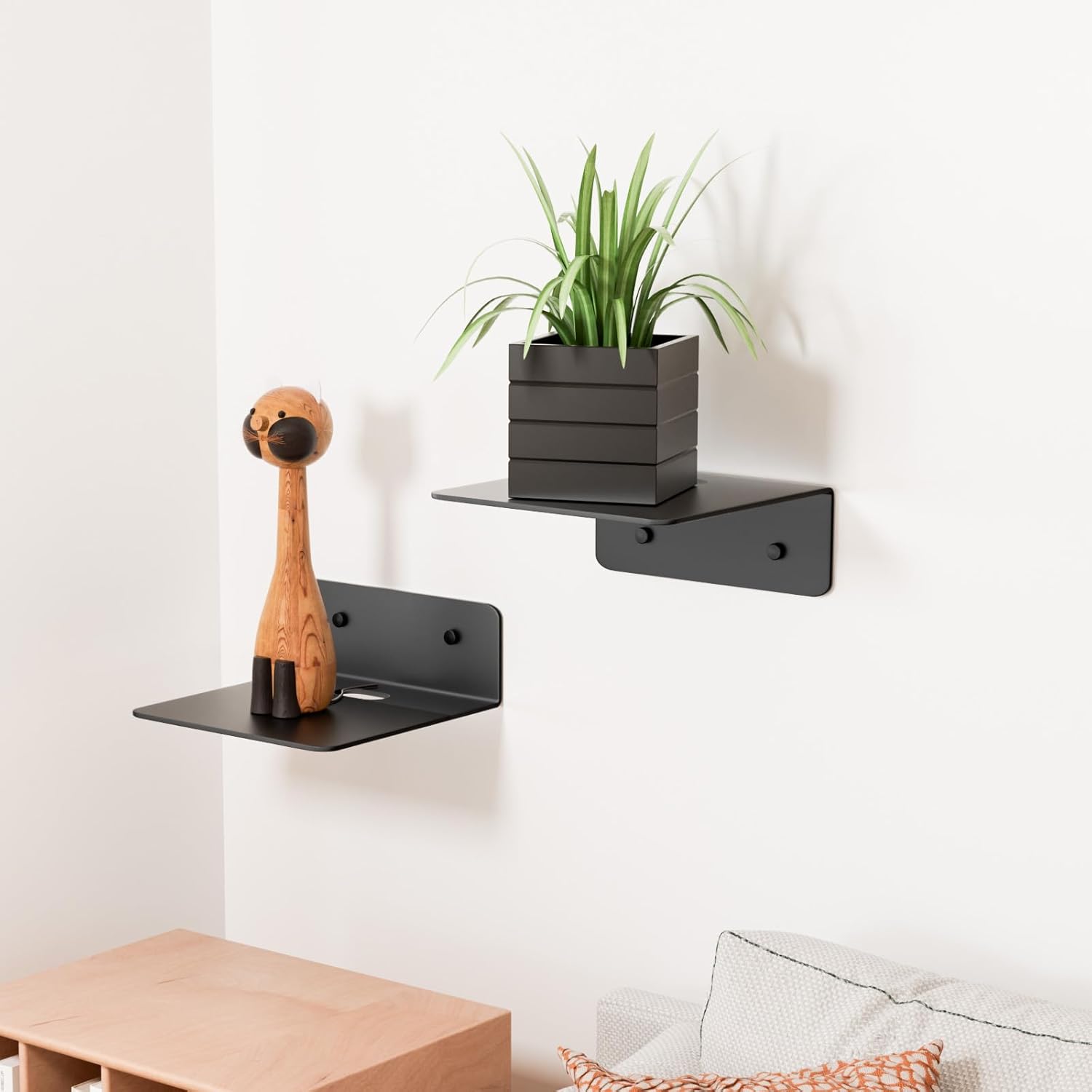 Small Floating Wall Shelves Set of 2 - Adhesive and Screw Mount Matte Black