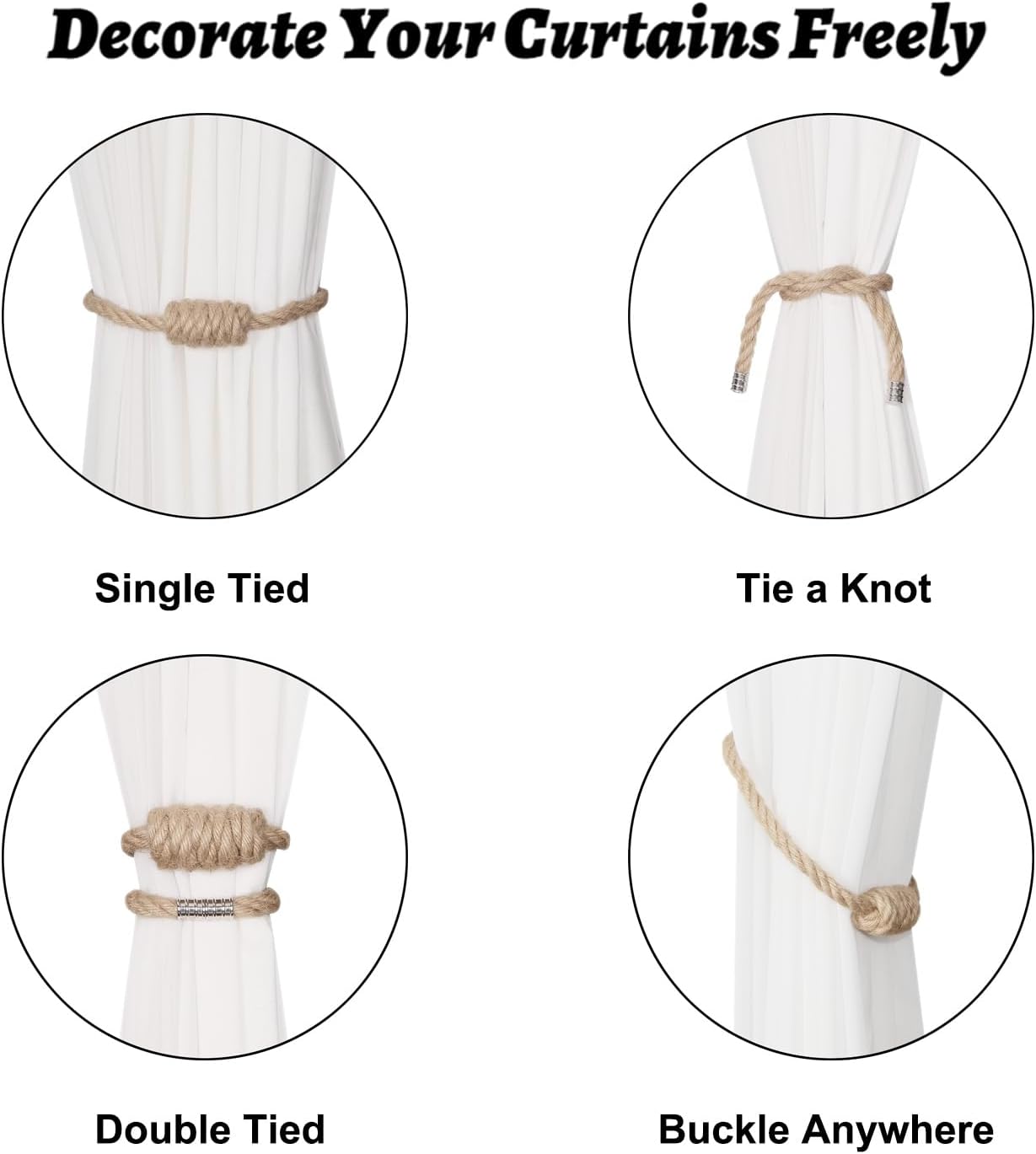 BEL AVENIR Magnetic Jute Curtain Tiebacks 2 Pack