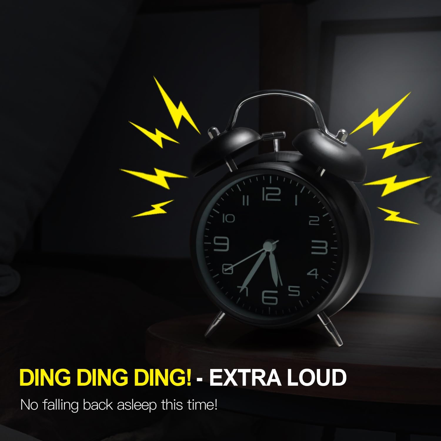 Betus Non-Ticking Twin Bell Alarm Clock with Backlight - Midnight Black