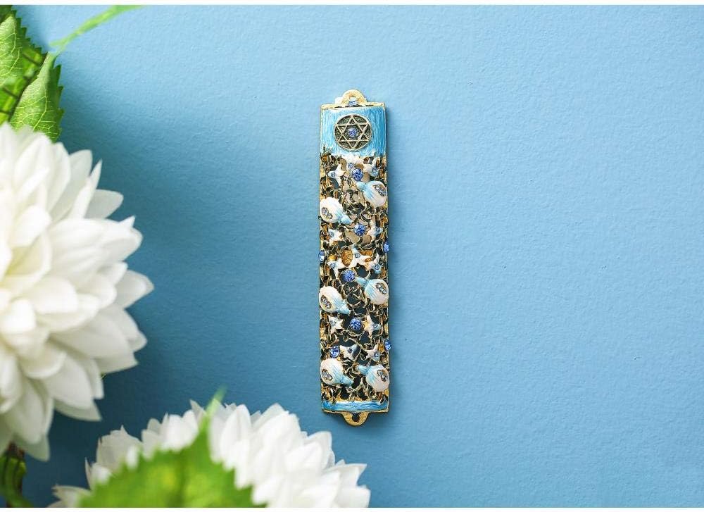 Matashi 35 Inch Hand Painted Mezuzah with Scroll and Blue Crystals