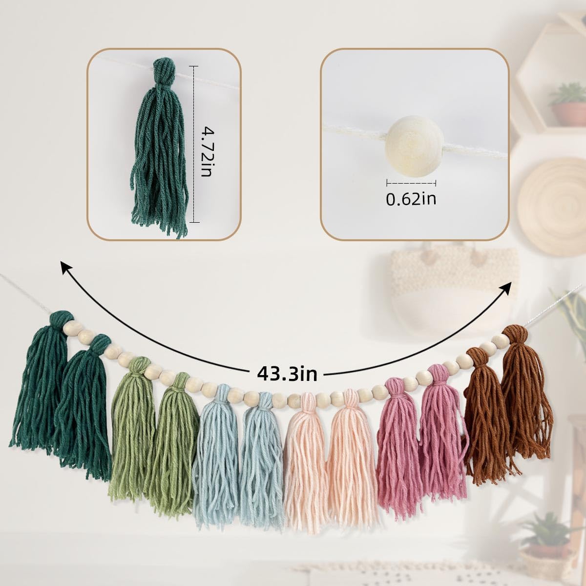 Rainbow Boho Tassel Wall Hanging with Wood Beads