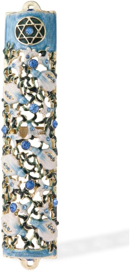 Matashi 35 Inch Hand Painted Mezuzah with Scroll and Blue Crystals