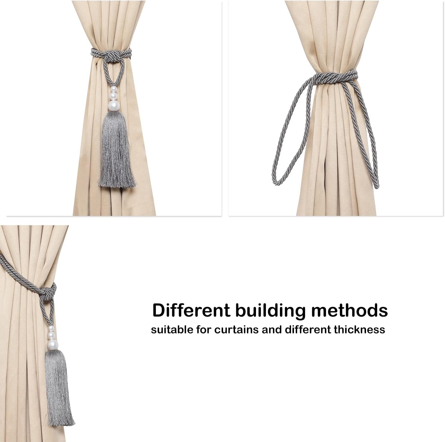 2 Pack Pearl Curtain Tiebacks with Tassels - Gray