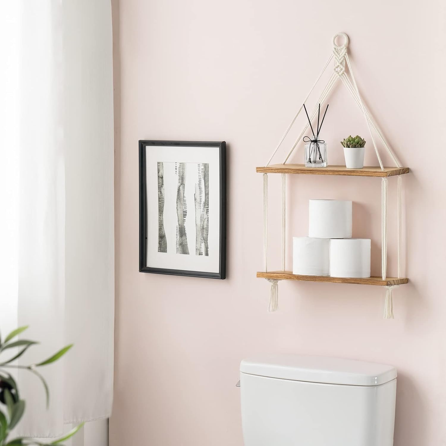 Mkono 2 Tier Macrame Shelf Wall Decor Floating Storage