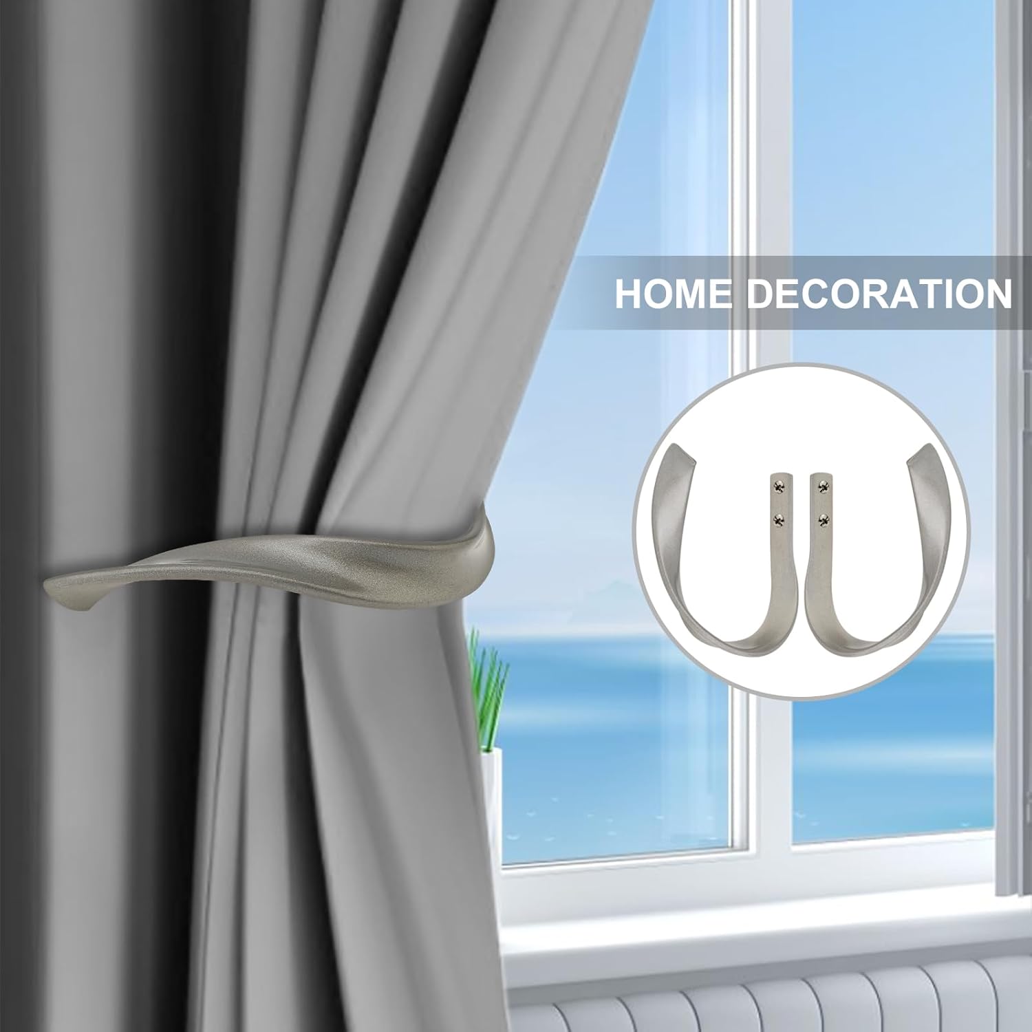 4 Pack Curtain Holdbacks Aluminum Alloy Heavy Duty U-Shape Window Hooks Grey