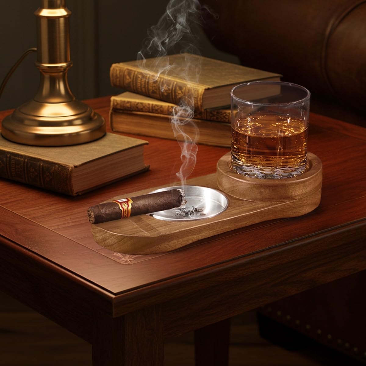 Wooden Cigar Tray with Personalized Engraving Dual Rests and Ashtray