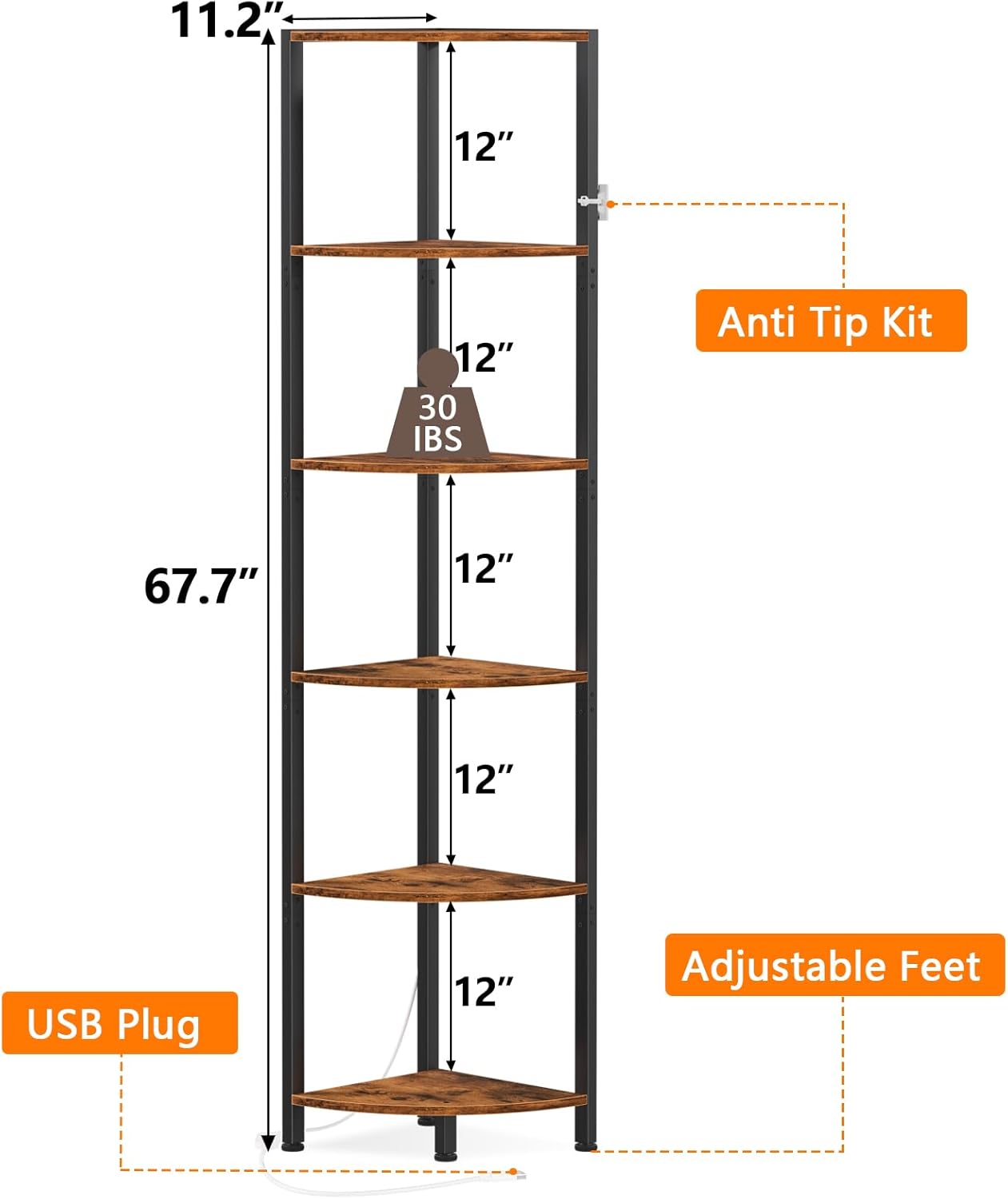 Furnulem 6 Tier Corner Shelf with LED Light