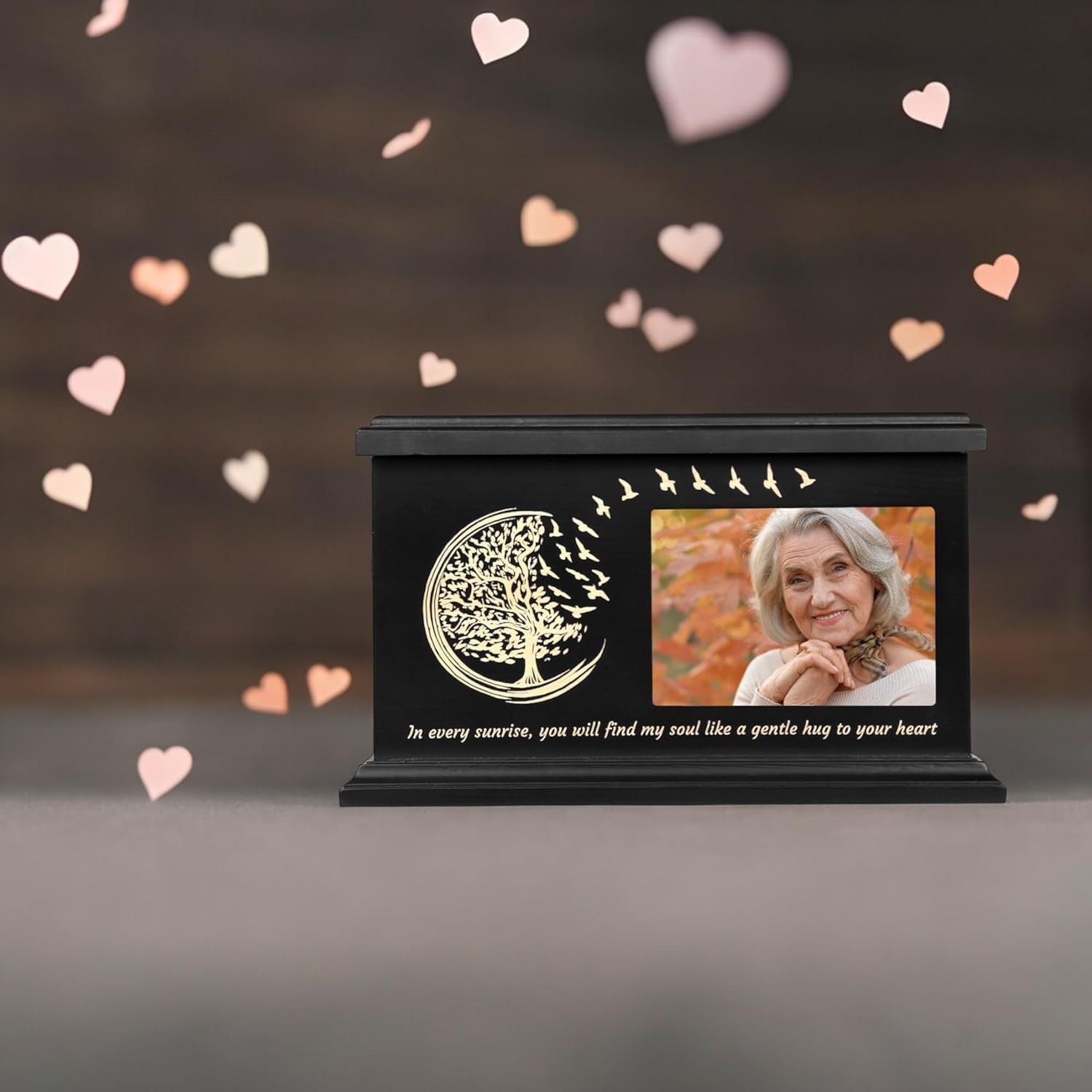 Elegant Wooden Cremation Urn with Photo Frame and Tree of Life Design