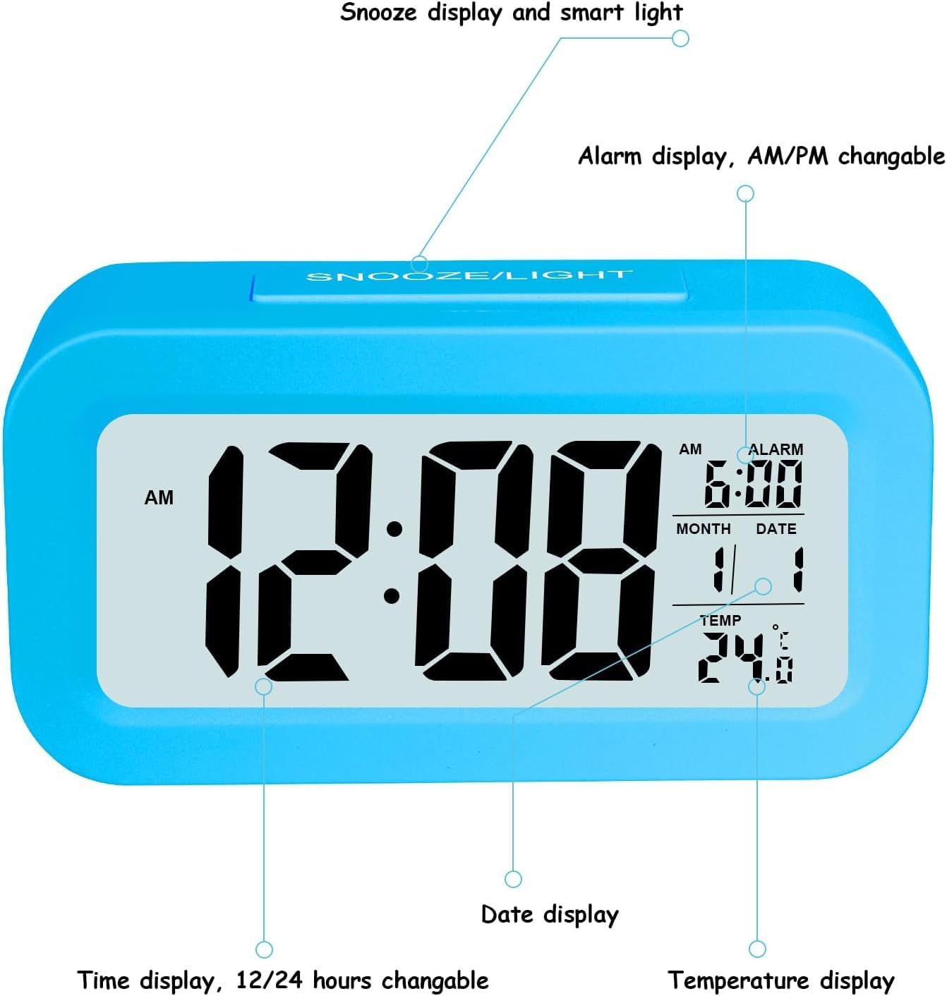 Hooporia Blue Digital Alarm Clock for Bedroom