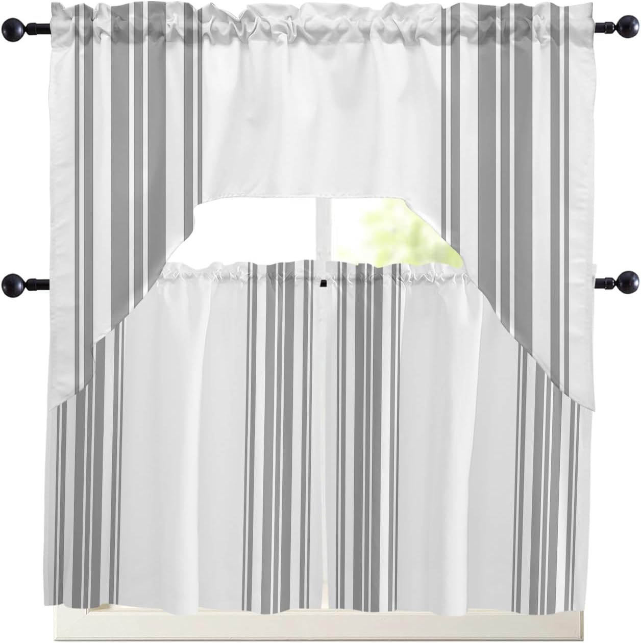Grey White Stripes Swag Curtains 3 Piece Set for Kitchen Living Room
