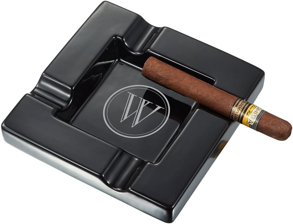 Visol Ren Black Ceramic Cigar Ashtray with Initial Engraving