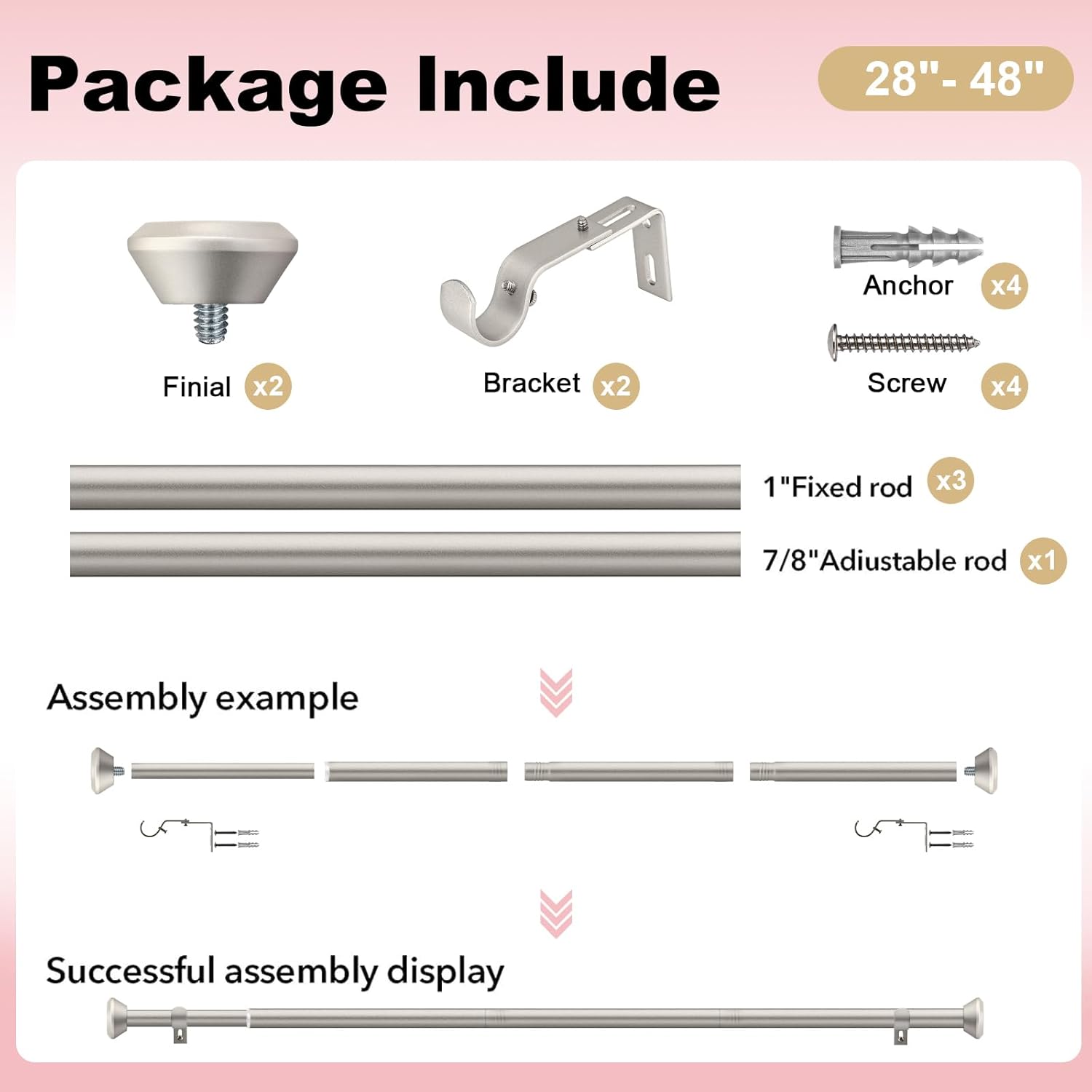 Heavy Duty Curtain Rods for Windows 28-48 Inches with Diamond Finials