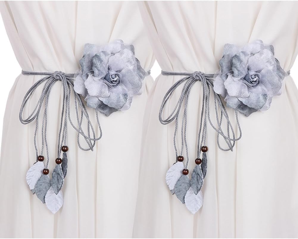 2 Pcs Decorative Curtain Tiebacks with Flower Design Grey