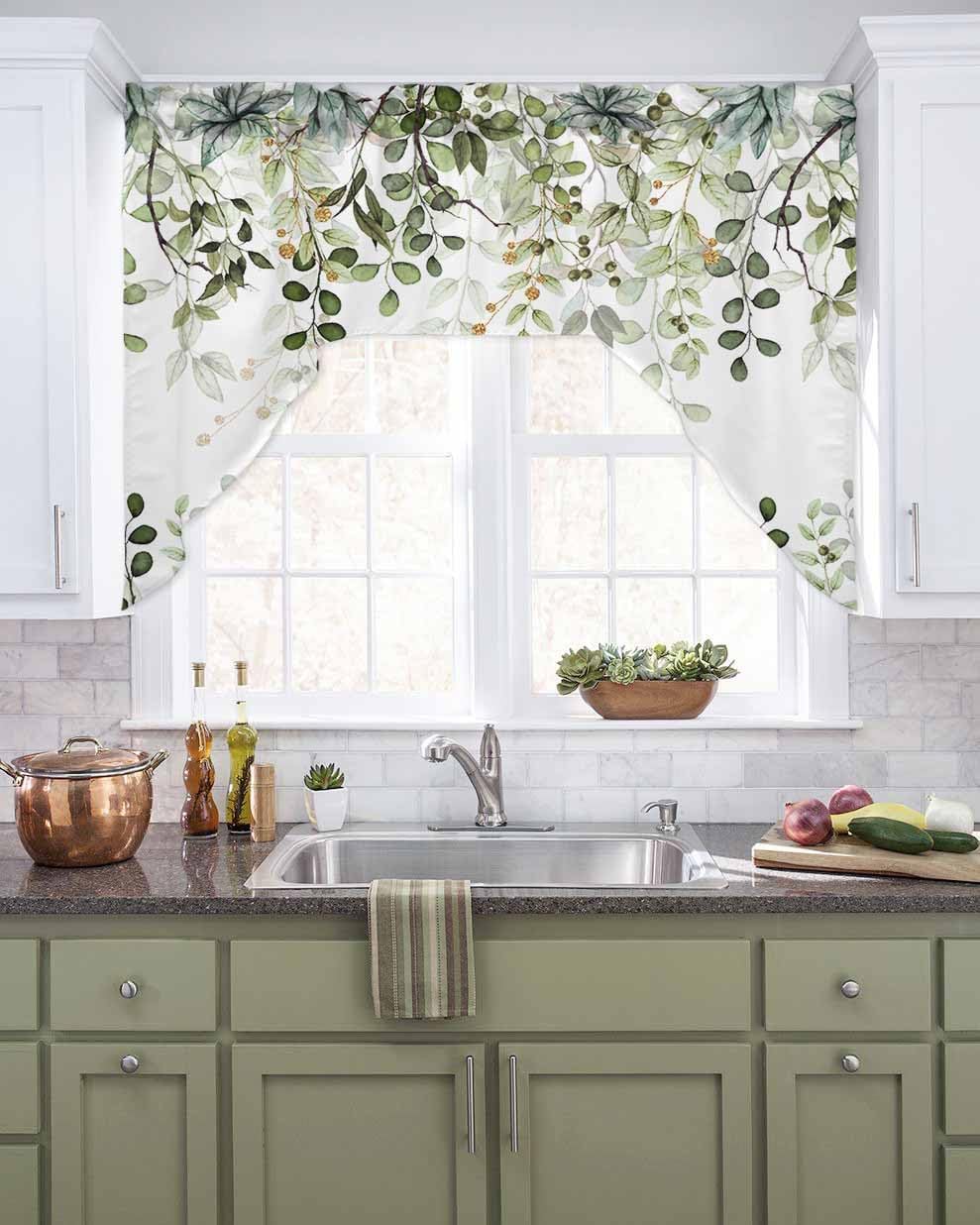 Sage Green Eucalyptus Leaves Valance for Kitchen Window