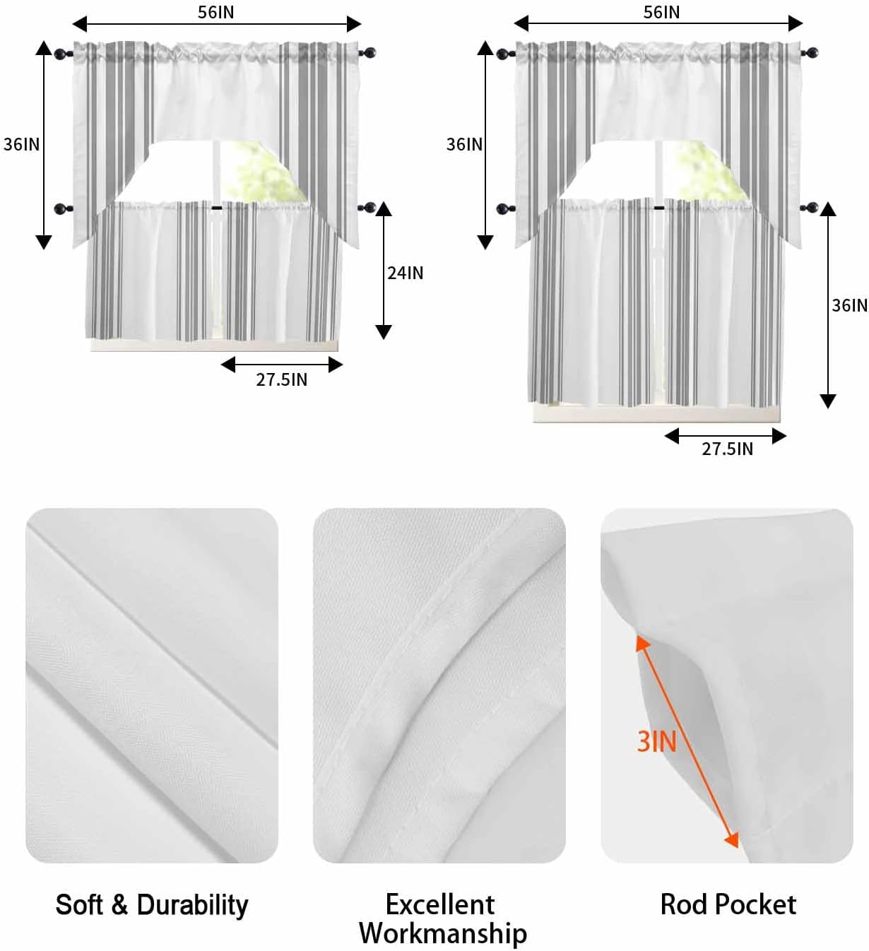 Grey White Stripes Swag Curtains 3 Piece Set for Kitchen Living Room