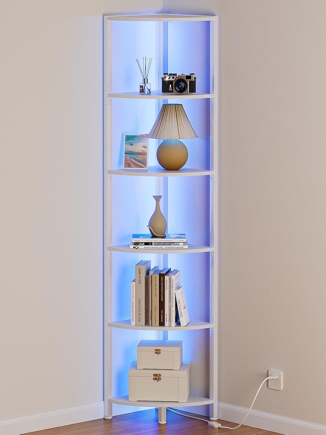 Furnulem 6 Tier Corner Shelf with LED Light White