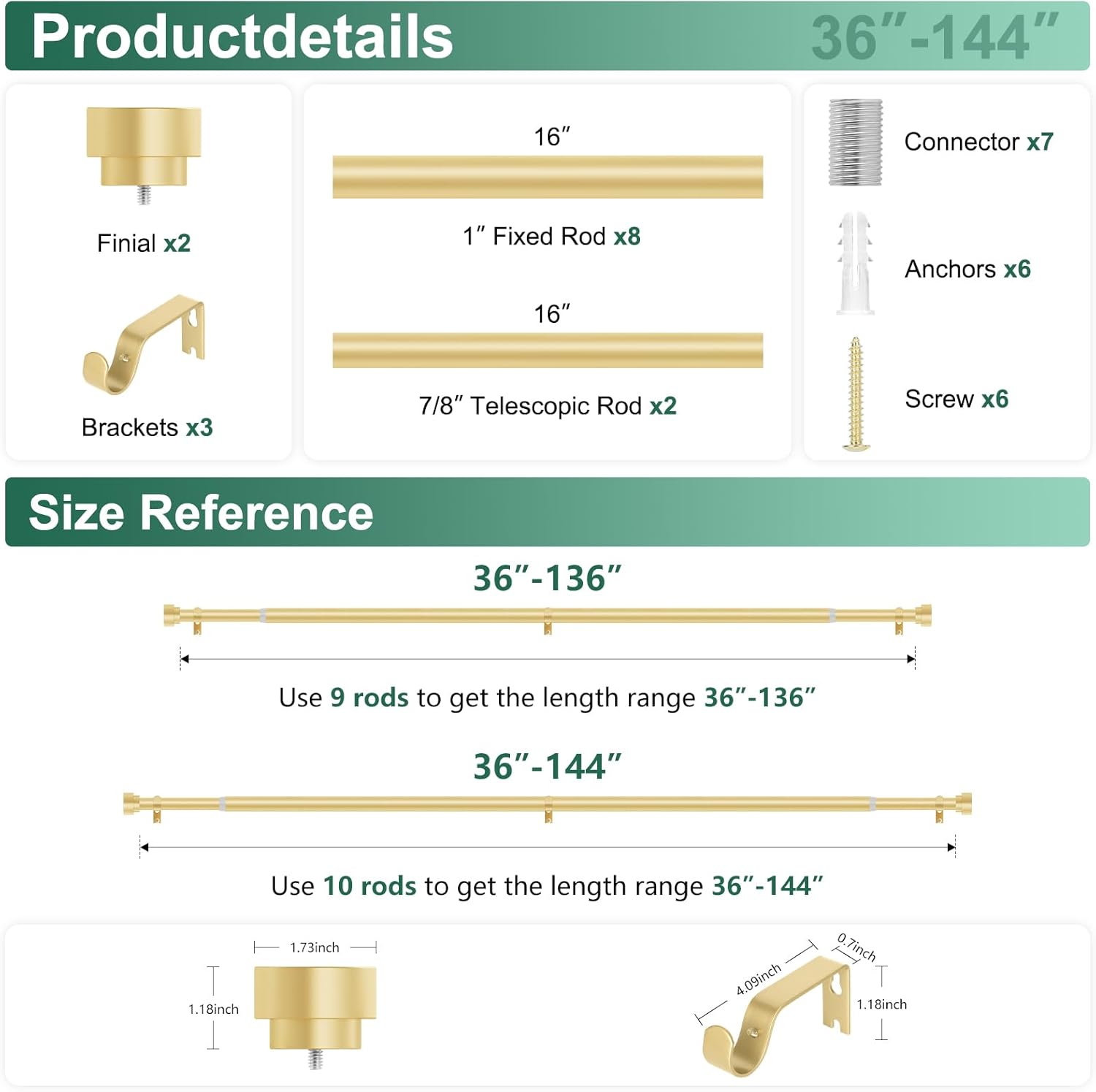 HEI DEAR Gold Curtain Rods 72-144 Inch