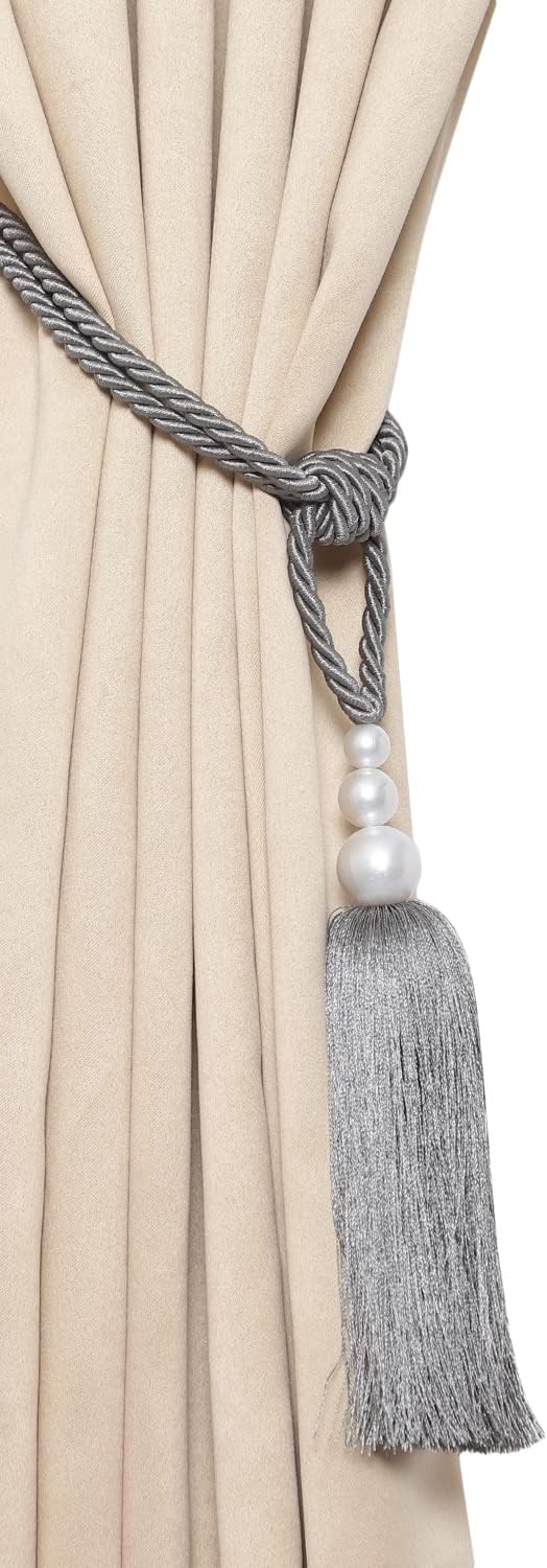 2 Pack Pearl Curtain Tiebacks with Tassels - Gray