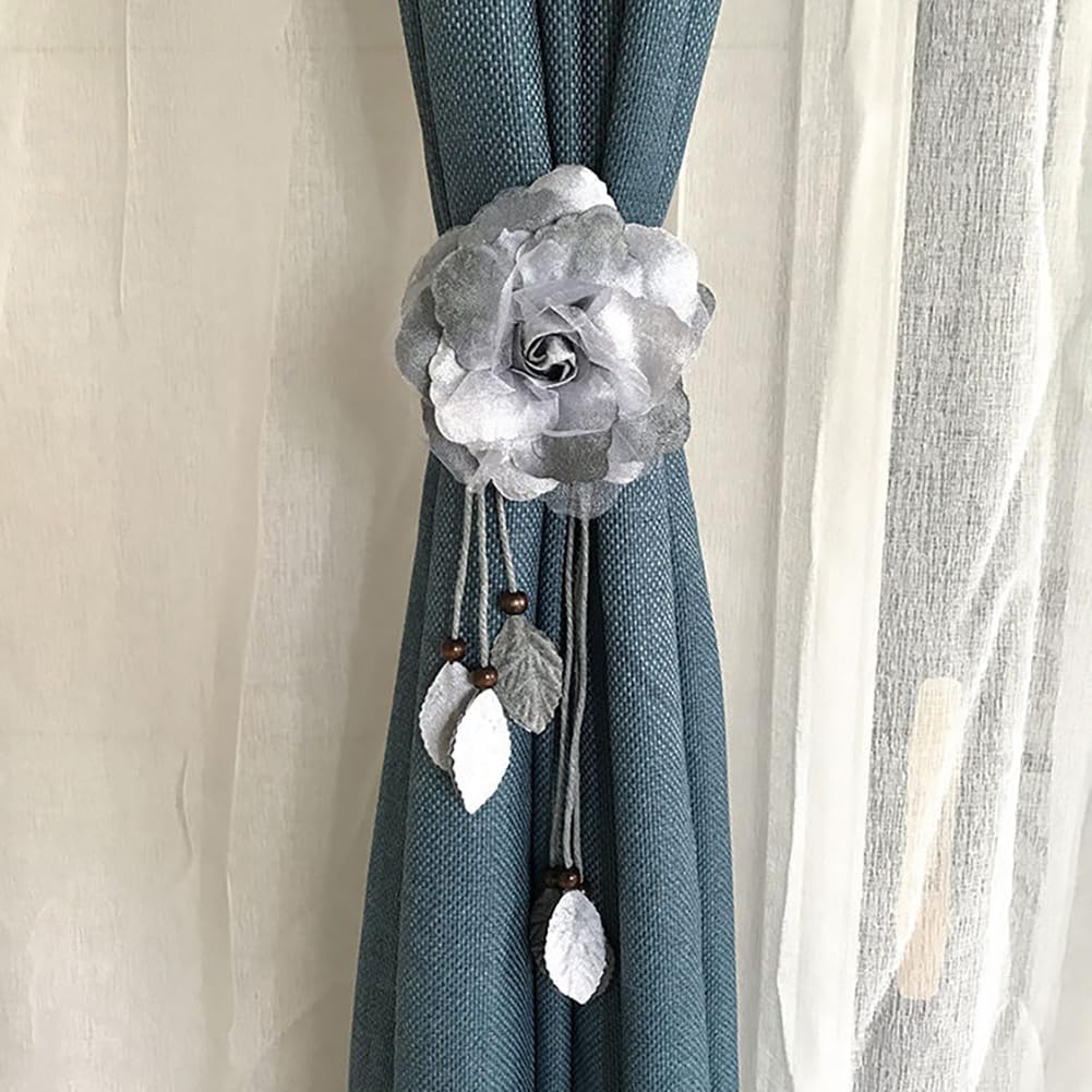 2 Pcs Decorative Curtain Tiebacks with Flower Design Grey