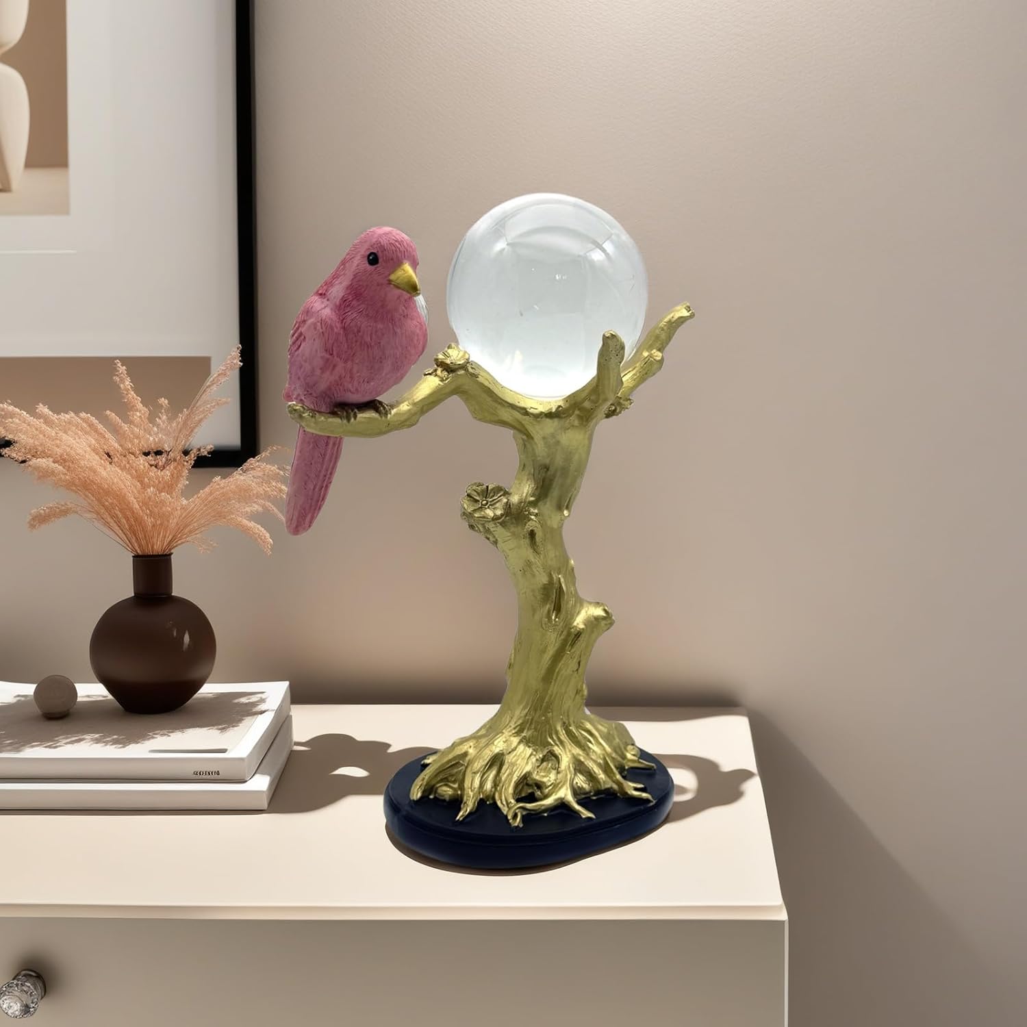 Pink Resin Bird on Tree Branch with Crystal Glass Ball Statue