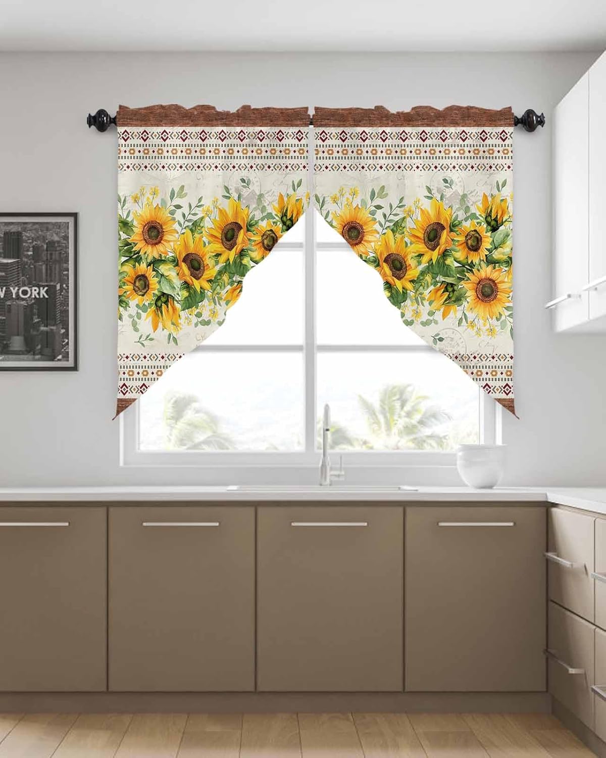 Sunflower Brown Swag Curtains Valance for Kitchen Windows