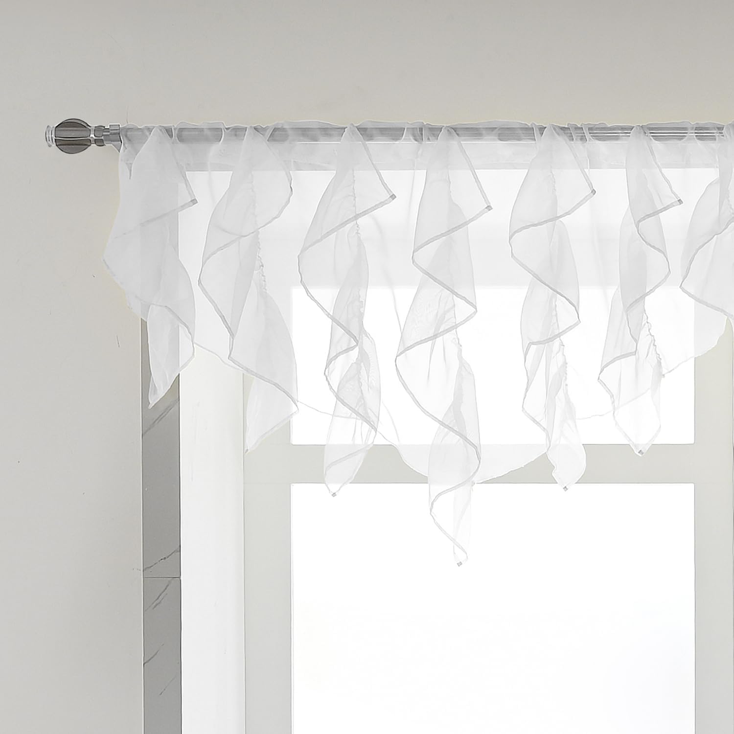 PearAge Ruffled Voile Semi Sheer Curtain Valance 52x26 Inches White-Triangle
