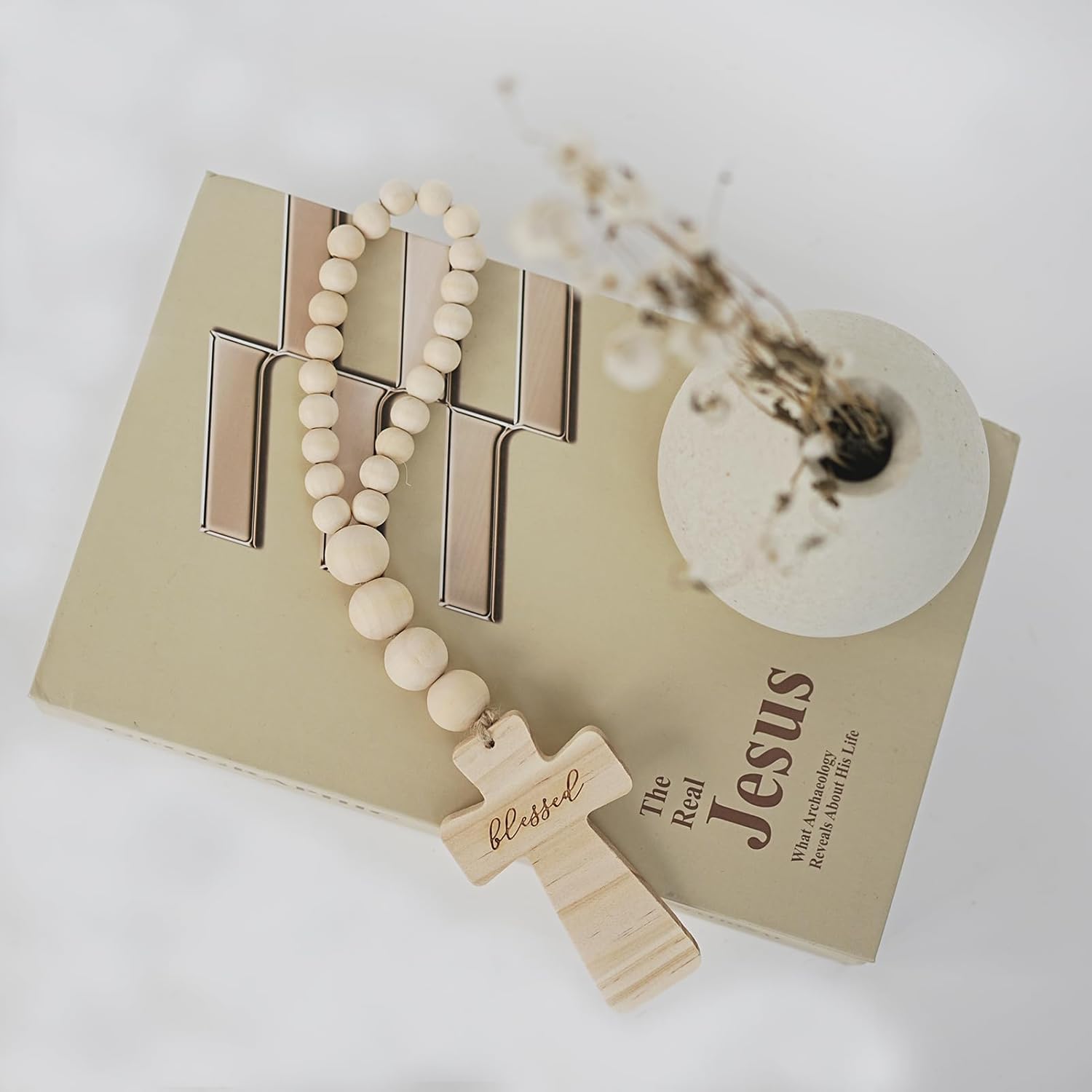 RUIRUICO Wood Bead Garland with Cross and Tassel