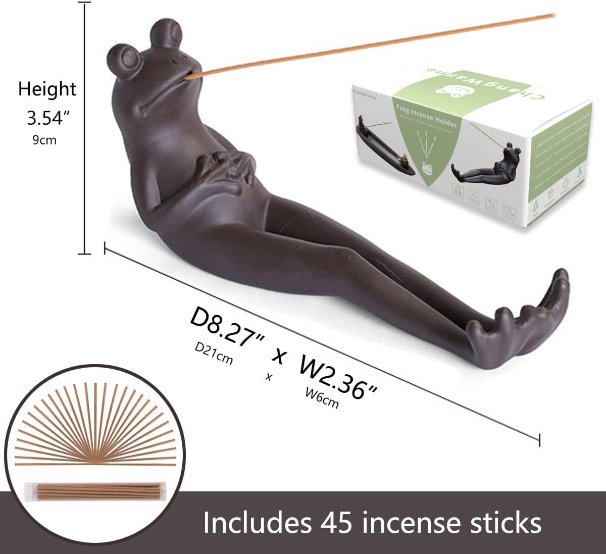 ChangWanna Frog Incense Stick Holder - Ceramic Incense Burner with 45 Sandalwood Sticks