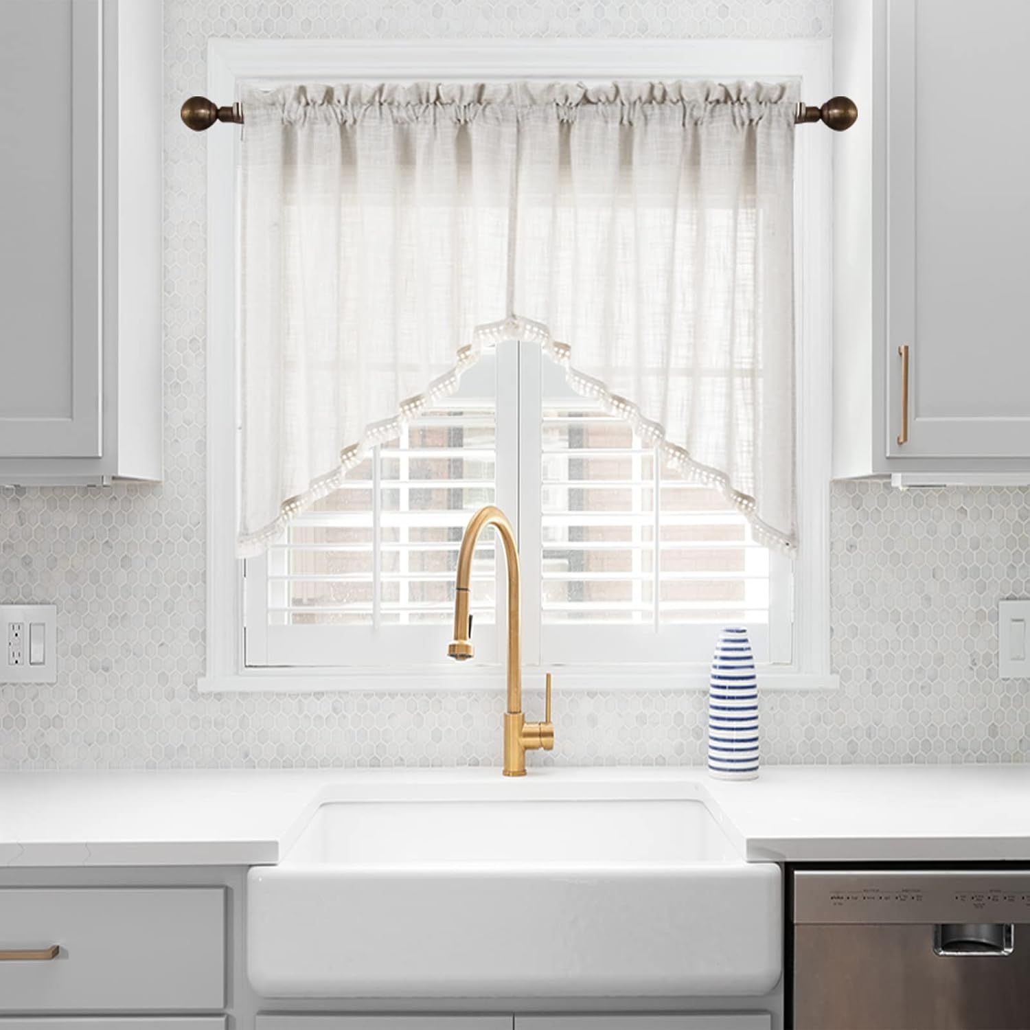 Beda Home Tassel Linen Textured Swag Curtain Valance for Farmhouse Kitchen