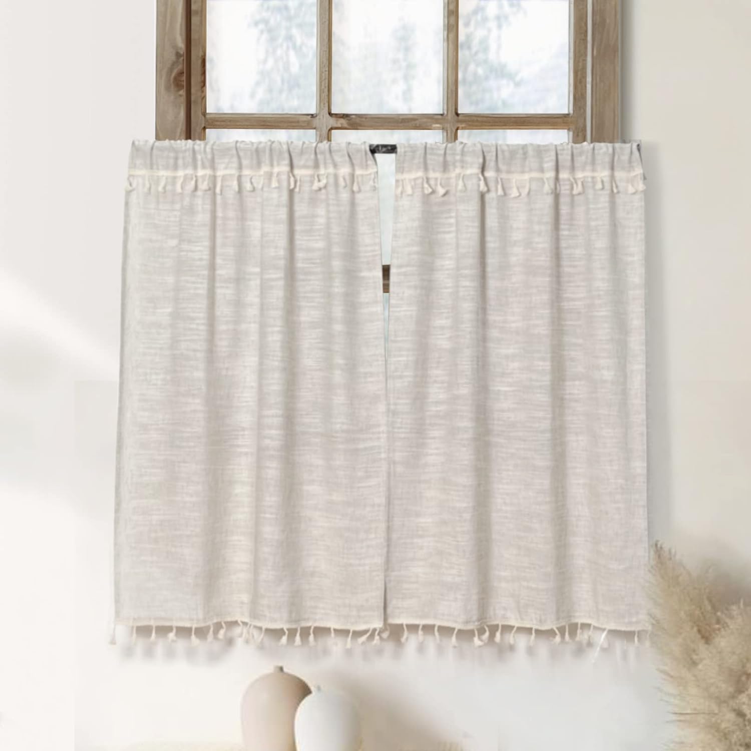 Boho Tassel Kitchen Curtains 2 Panels Natural 36 Inch Length